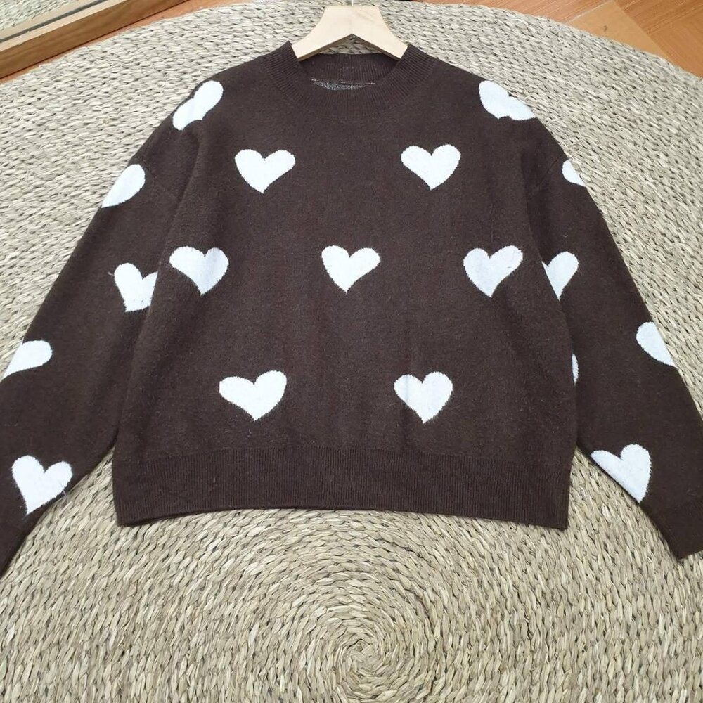Brown White Heart Pattern Oversized Knit Sweater